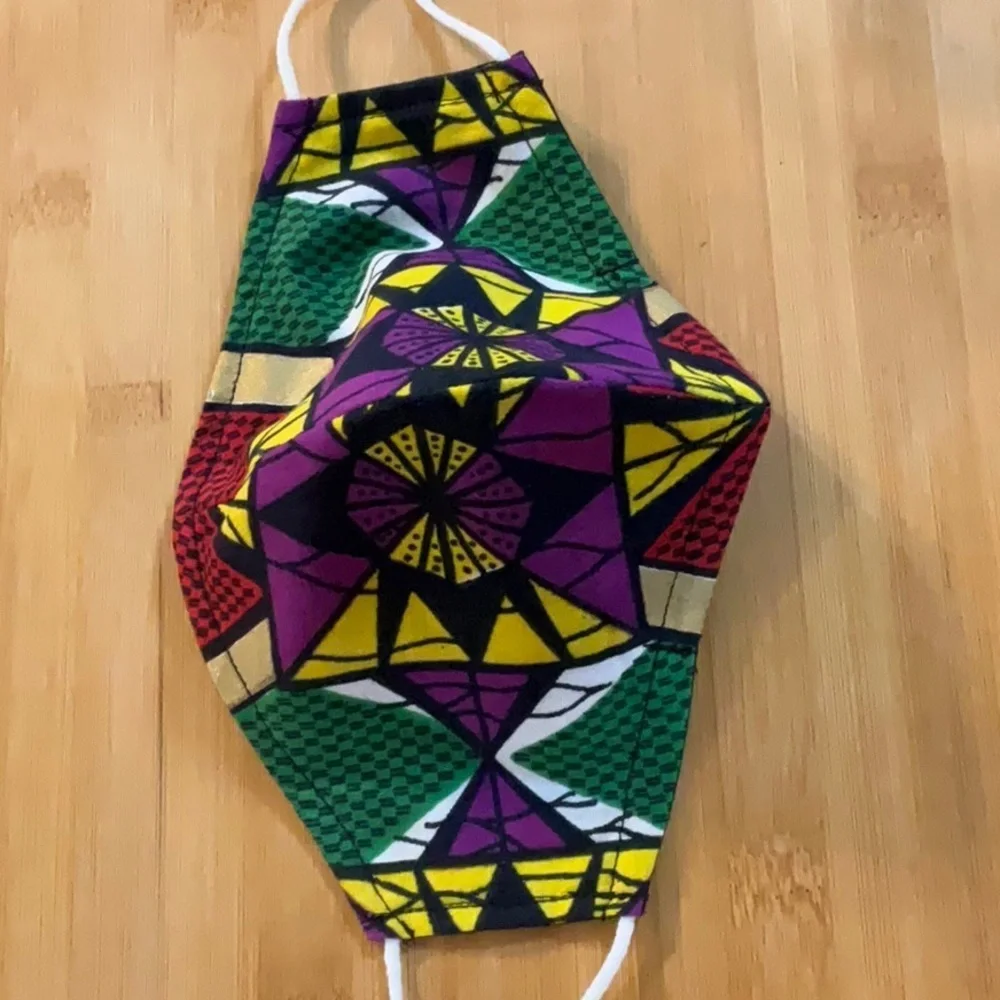 Hand Crafted Ankara African Print Face Mask and Button Earrings Purple Red Gold